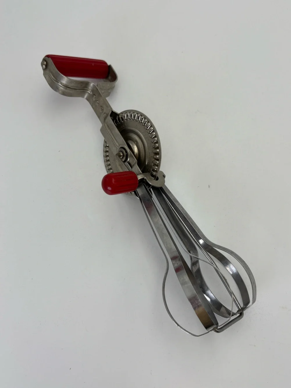 Vintage Androck Hand Crank Egg Beater Hand Mixer with Red Handles